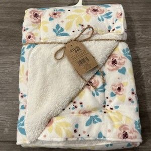 New Chick Pea Baby Girl Blanket Pink Roses Blue Yellow Leaf Sherpa Reverse White